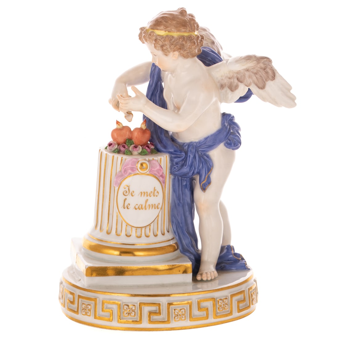 A Meissen "Je Mets Le Calme" Porcelain Cupid: Late 19th century, modeled as a cupid standing over two hearts on a column, a pitcher in his hand, on an oval base with gilt Greek key pattern, underglaze blue crossed swords mark, incised/impressed "
