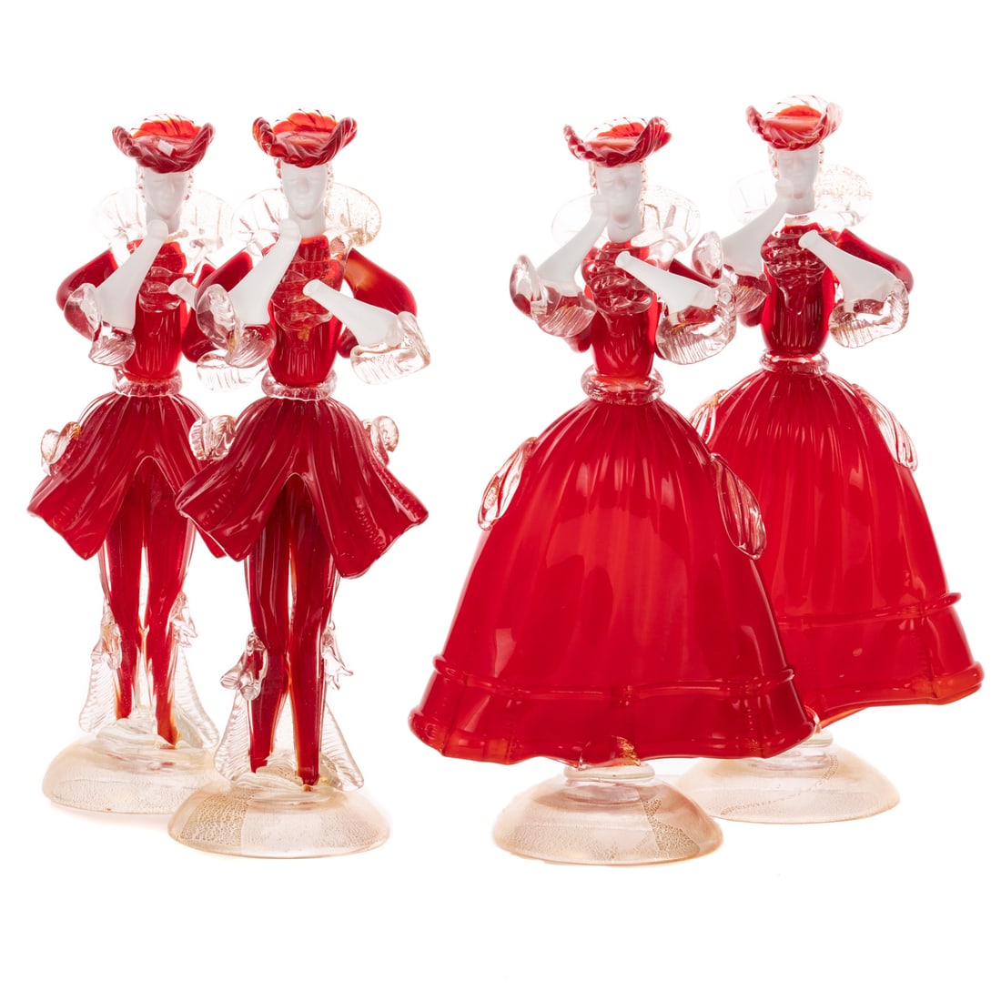 Two Pairs of Lampwork Red & White Glass Figures: Venetian, accented with avventurina glass, size of tallest: 11 in. H