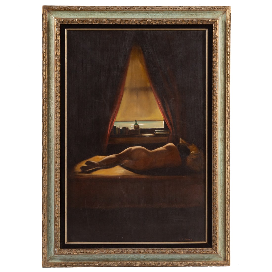 K. F. James. Interior with Reclining Nude, oil: (20th century) Oil on canvas, signed lr, sight size: 35 x 23 in., framed size: 43 1/2 x 31 1/2 in.