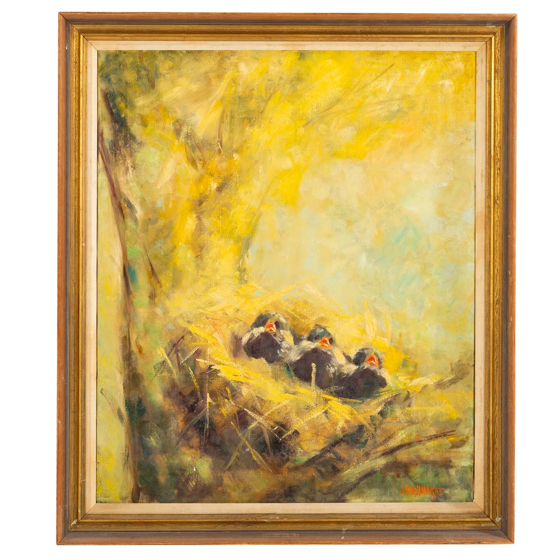 American School. Chicks in a Nest, oil: (Mid 20th century) Oil on canvas, signed "F. Engelhardt" lr, sight size: 23 1/2 x 19 3/4 in., framed size: 28 x 24 in.