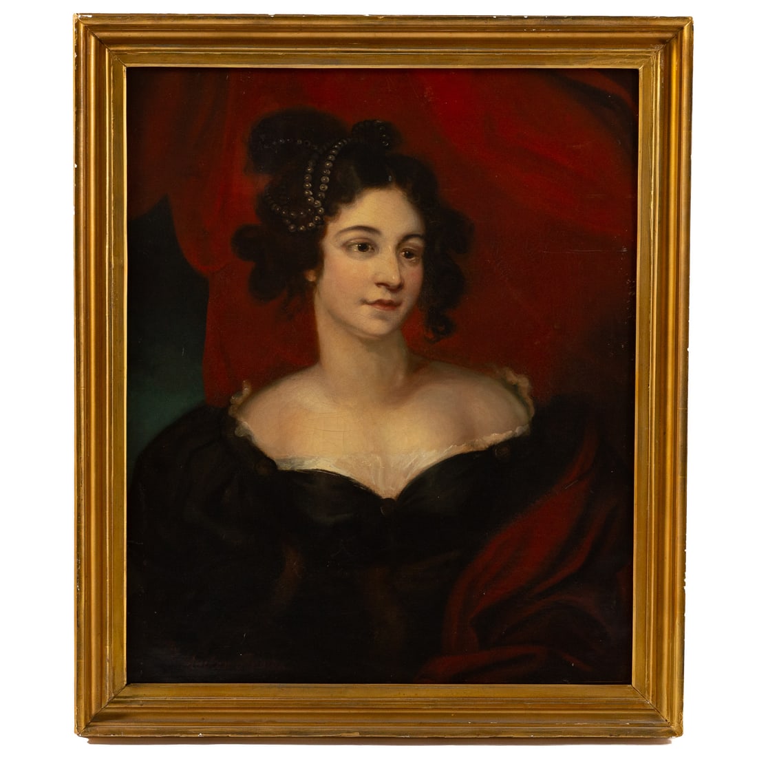 Mather Brown. Portrait of a Woman, oil: (American/British, 1761-1831) Oil on canvas, signed ll, with degraded labels on verso possibly identifying the sitter, sight size: 28 3/4 x 24 in., framed size: 33 1/2 x 28 1/2 in.
