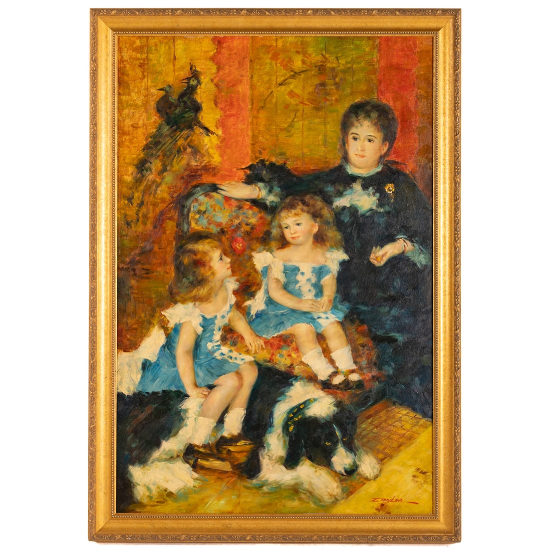 After Pierre-Auguste Renoir. "Madame George Chapentier and her Children," oil: (20th Century) Oil on canvas, signed "I. Taylor" lr, copy of "Madame George Chapentier and her Children" by Pierre-Auguste Renoir, sight size: 35 1/2 x 23 1/2 in., framed size: 39 1/2 x 27 1/4 in.