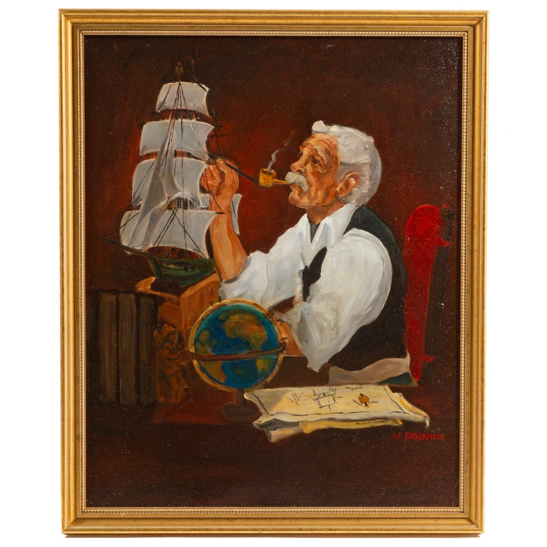A.E. Digiammo. Model Ship Builder, oil: (20th century) Oil on canvas, 1973, signed "A.E. Digiammo" and dated lr, sight size: 29 1/4 x 23 1/4 in., framed size: 32 1/2 x 26 1/2 in.