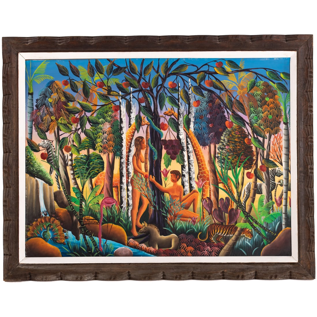 Gesner Abelard. "Adam and Eve," oil: (Haitian, b.1922) Oil on board, signed lr, sight size: 23 1/4 x 31 1/2 in., framed size: 29 x 37 1/2 in.