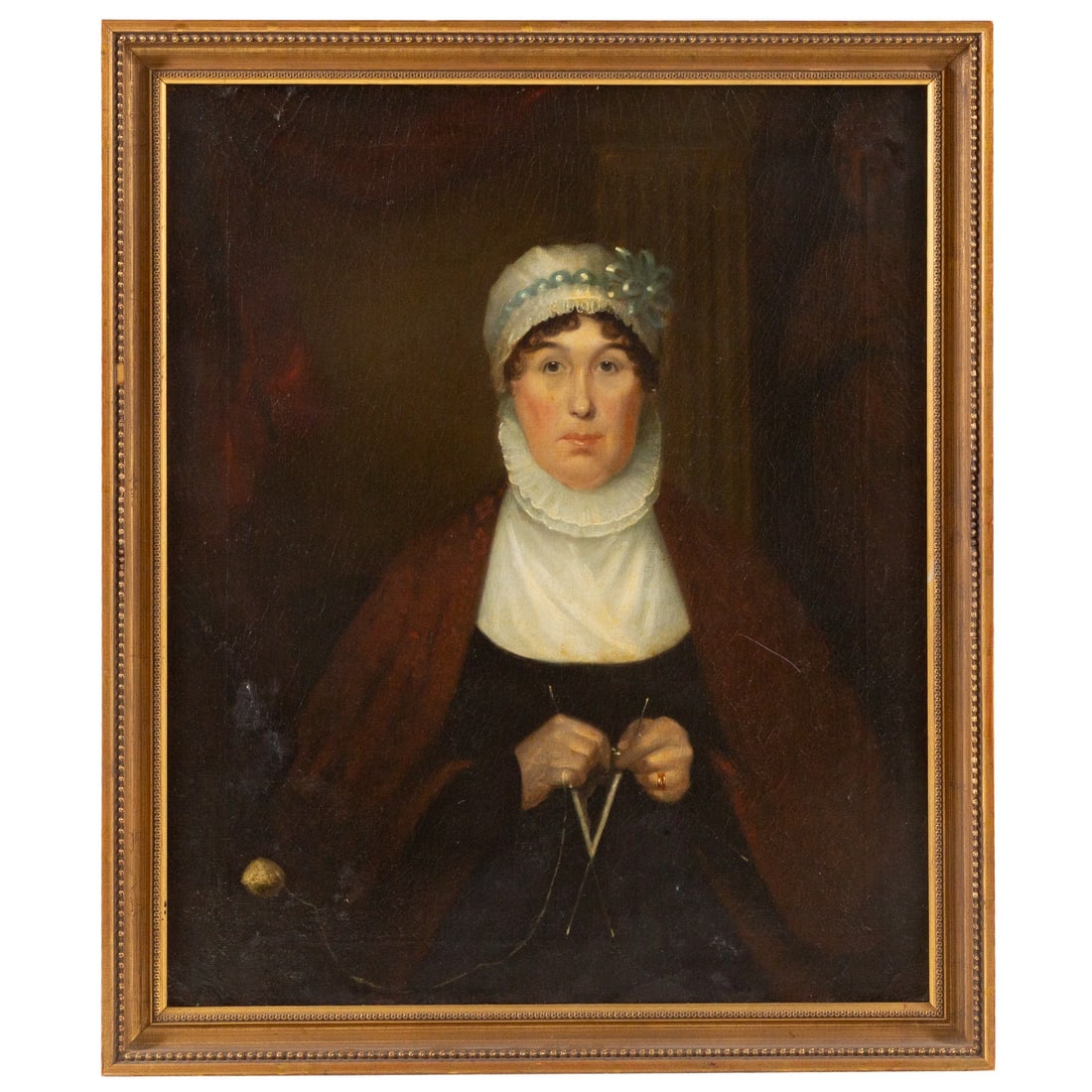 19th Century. Portrait of Woman Knitting, oil: (19th century) Oil on canvas, unsigned, sight size: 29 1/2 x 24 1/4 in., framed size: 33 1/2 x 28 3/4 in.