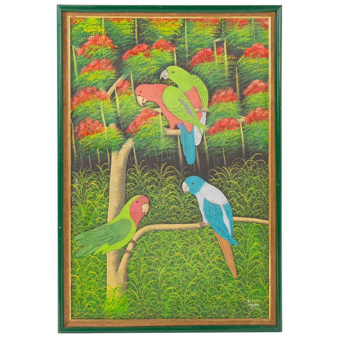 Haitian School. Tropical Birds, acrylic: (20th century) Acrylic on canvas, signed "Louisdor" lr, sight size: 35 x 23 in., framed size: 38 x 26 1/4 in.