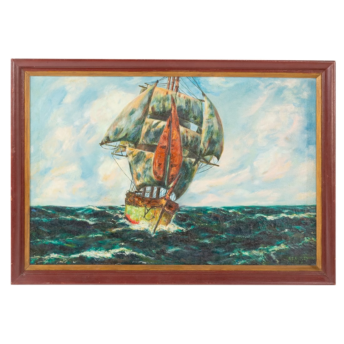 American School. Ship at Sea, oil: (20th-century) Oil on canvas, signed "A. F. Shipley" and dated "1950" lr, sight size: 23 x 35 1/2 in., framed size: 27 1/2 x 39 3/4 in.