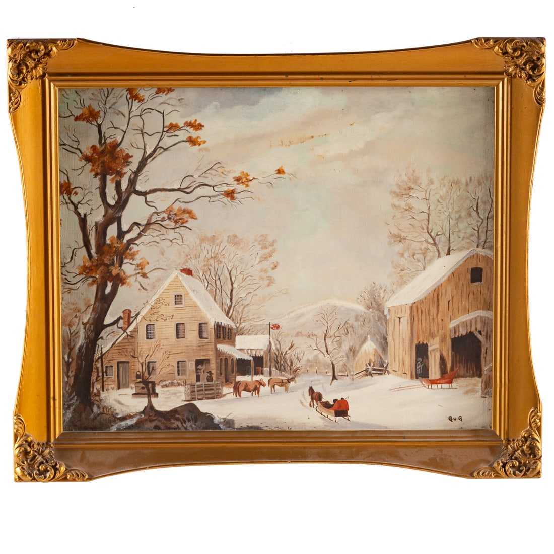 After Currier & Ives. "A Mid-Winter Day," oil: (Mid-20th century) A painted copy of "A Mid-Winter Day," by Currier & Ives, oil on canvas in a gilt frame, signed "Gu. G." lr, sight size: 15 1/2 x 19 1/2 in., framed size: 19 3/4 x 24 in.