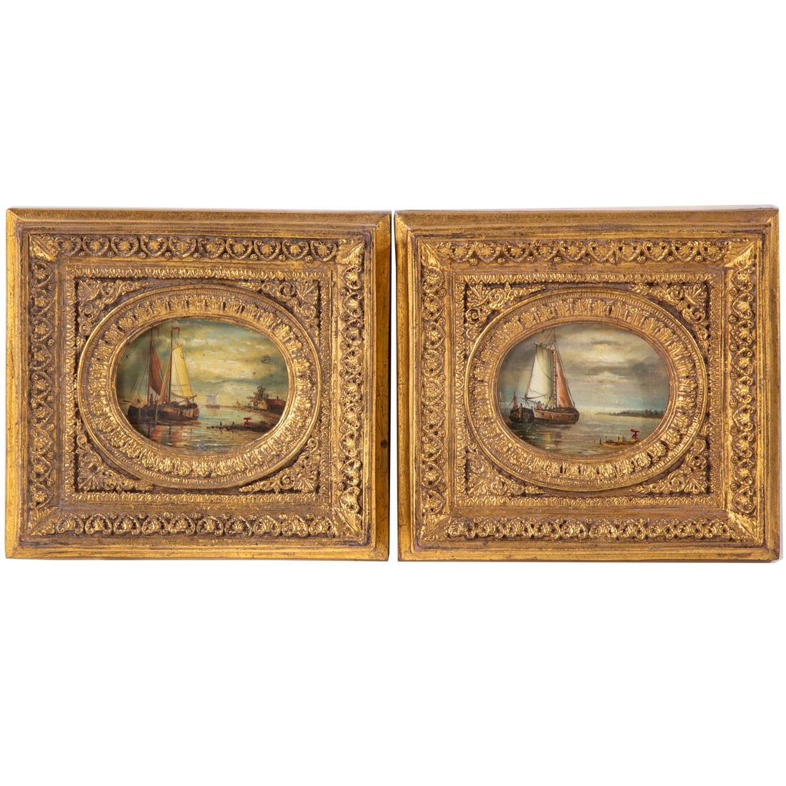Continental School. Two Oil-Embellished Seascapes: (Late 19th/early 20th-century) Oil embellished prints on panel in gilt frames, each monogrammed "TC" lr, sight size oval: 2 1/2 x 3 in., framed size: 6 x 7 in.