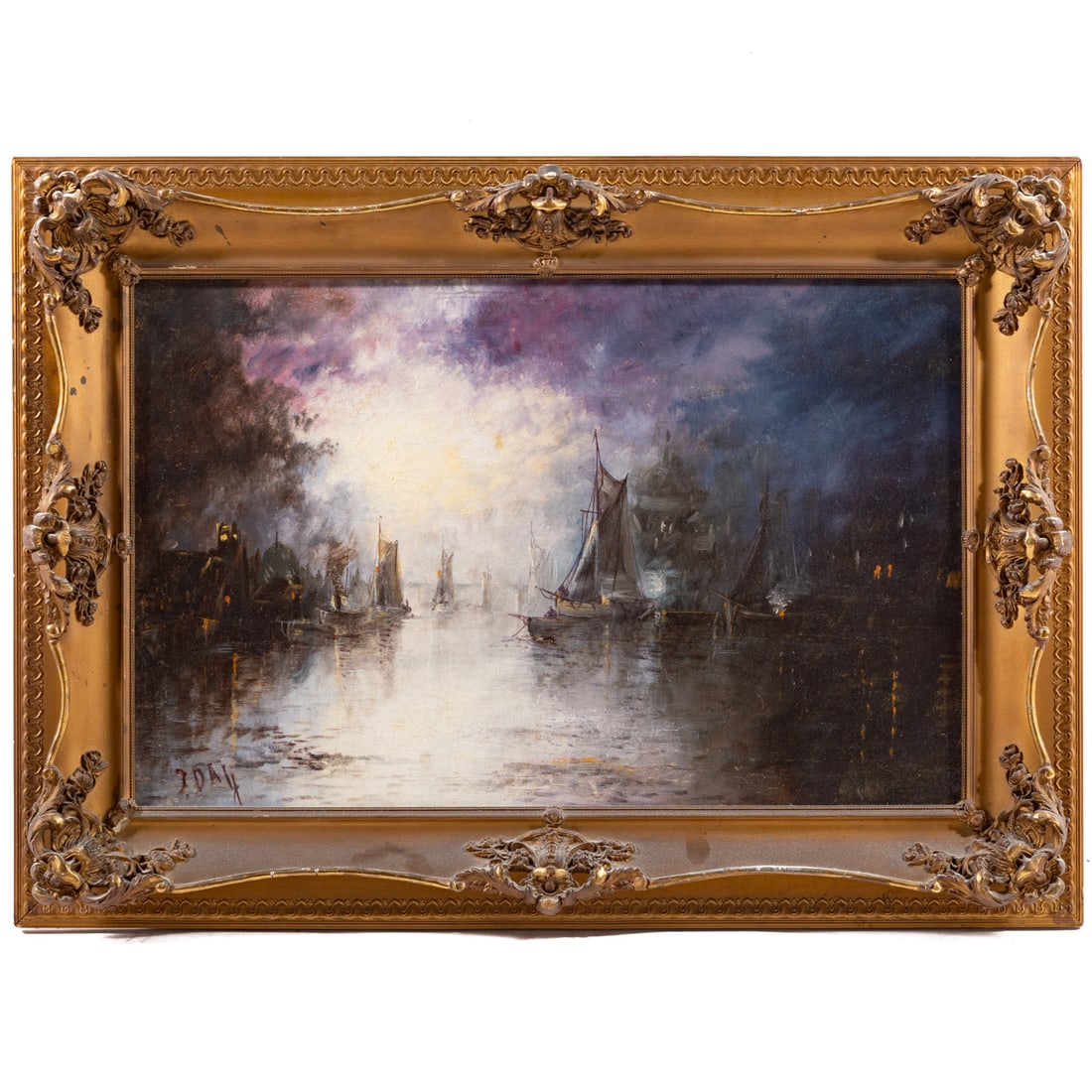 J. Day. Ships in a Harbor, oil: (20th century) Oil on canvas, signed "J. Day" ll, 18 x 28 in., framed size: 25 3/4 x 35 1/2 in.