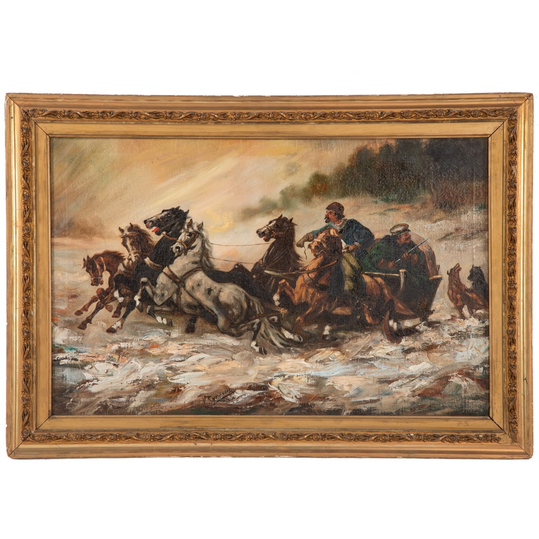 Russian School. Hunting Scene, oil: (20th century) Oil on canvas, signed lc, sight size: 17 1/4 x 17 1/4 in., framed size: 22 1/2 x 32 1/2 in.