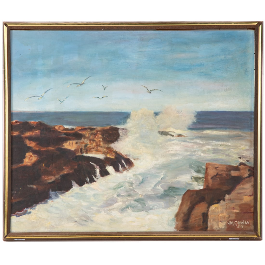 American School. Seascape with Seagulls, oil: (20th century) Oil on canvas board, 1957, sighed "HM Cowan" and dated lr, sight size: 19 1/2 x 23 1/2 in., framed size: 21 x 25 in.