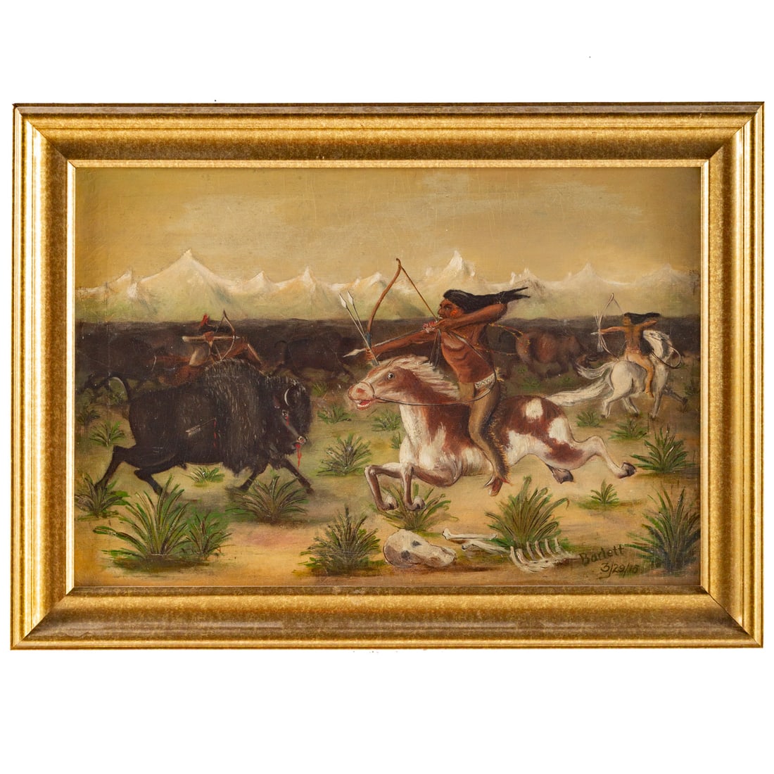 American School. "Buffalo Hunt," oil: (20th century) Oil on canvas, 1915, signed "Barlett" and dated lr, sight size: 14 1/2 x 21 3/4 in., framed size: 19 x 26 in.
