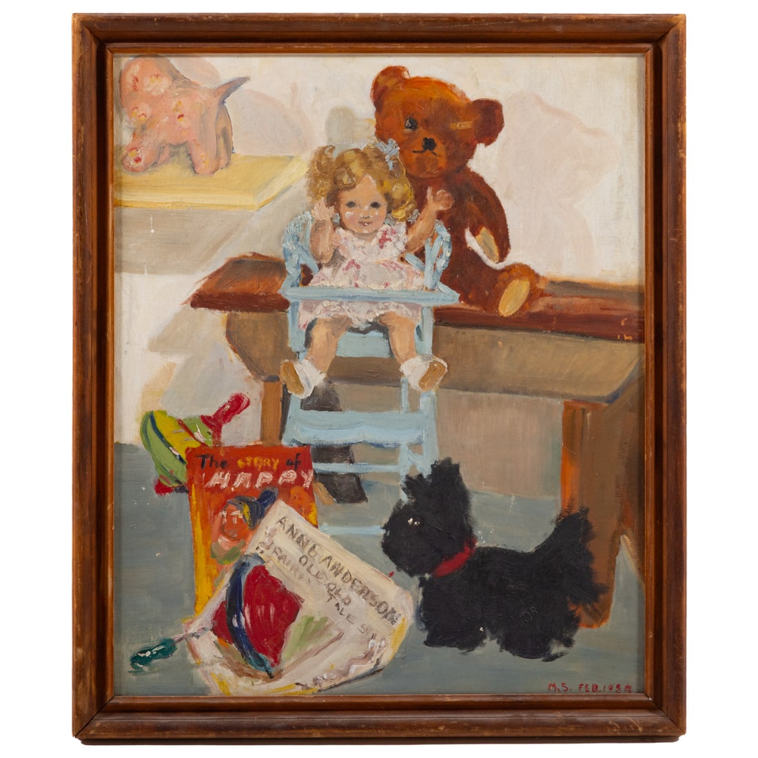 Artist Unknown. Still Life with Toys, oil: (20th century) Oil on board, initialed and dated "M.S., Feb. 1929" lr, 24 x 20 in., framed size: 26 1/2 x 22 1/4 in.