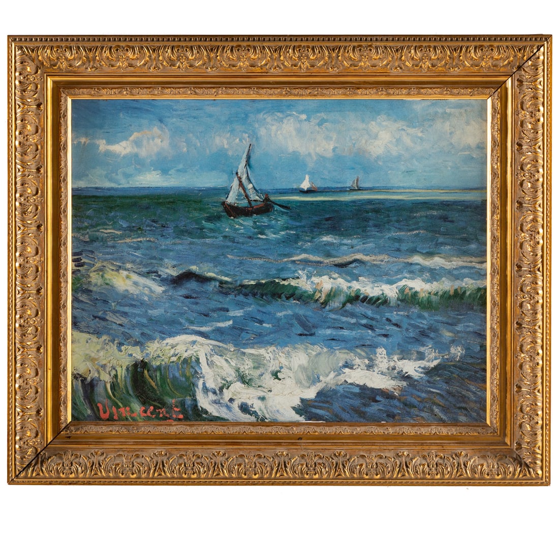 After Vincent Van Gogh. "Seascape," giclee: (20th century) Giclee on canvas, copy of "Seascape Near Les Saintes-Maries-de-la-Mer," 18 x 23 in., framed size: 24 1/2 x 29 1/2 in.