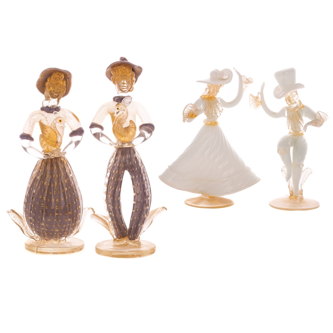 Two Pairs of Venetian Lampwork Glass Figures: Mid-20th century, probably Murano, cased purple and avventurina glass figures with swan, size of tallest: 12 1/2 in. H; and cased white and avventurina glass dancers, size of tallest: 7 1/2 in. H
