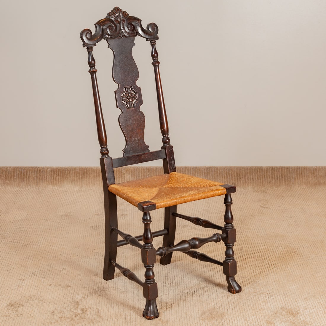 Jacobean Revival Ebonized Walnut Side Chair: Ouble vase shaped splat with rush seat and turned legs, 45 1/2 in. H, 18 in. W, 15 in. D