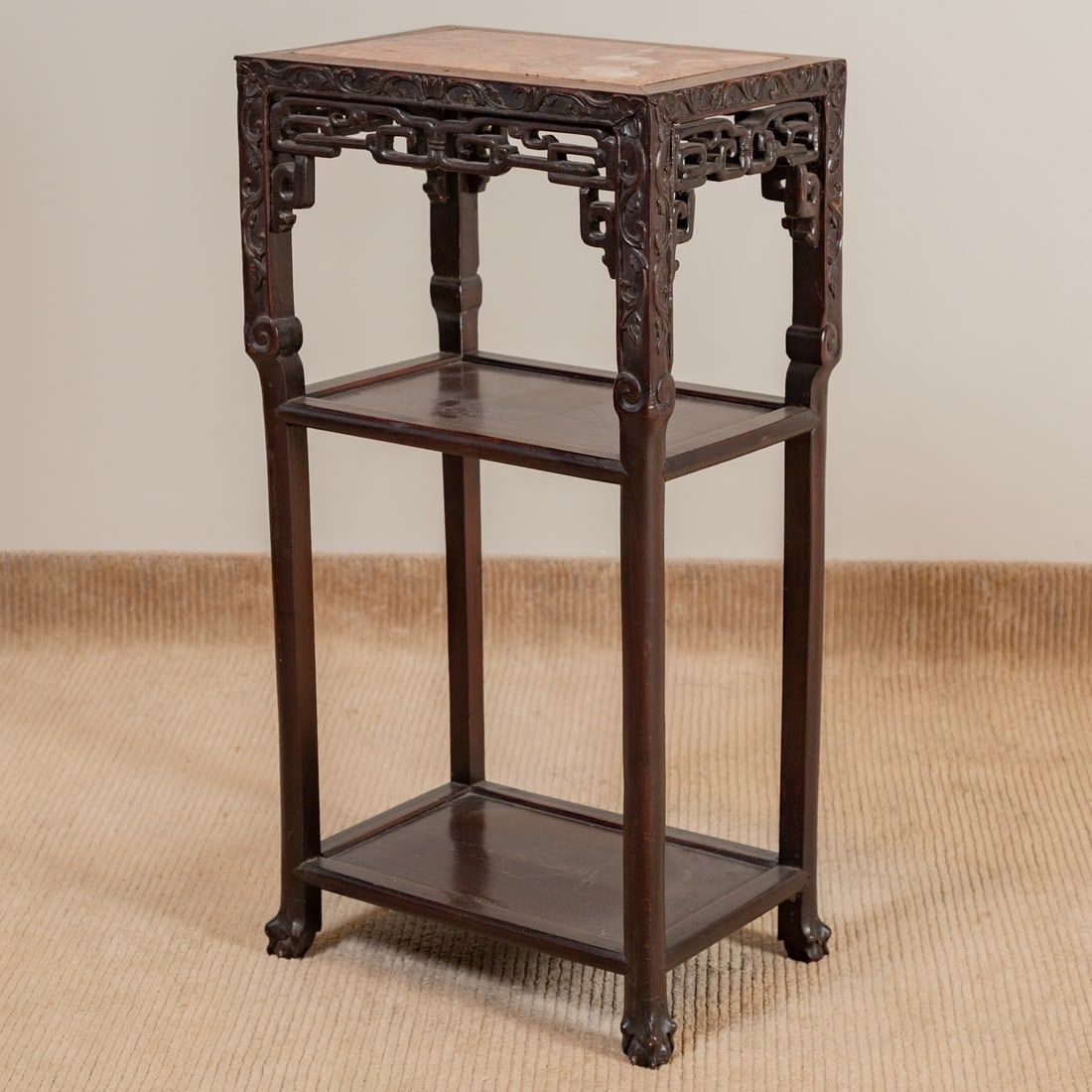 Chinese Carved Hardwood Marble Top Plant Stand (1 of 4)