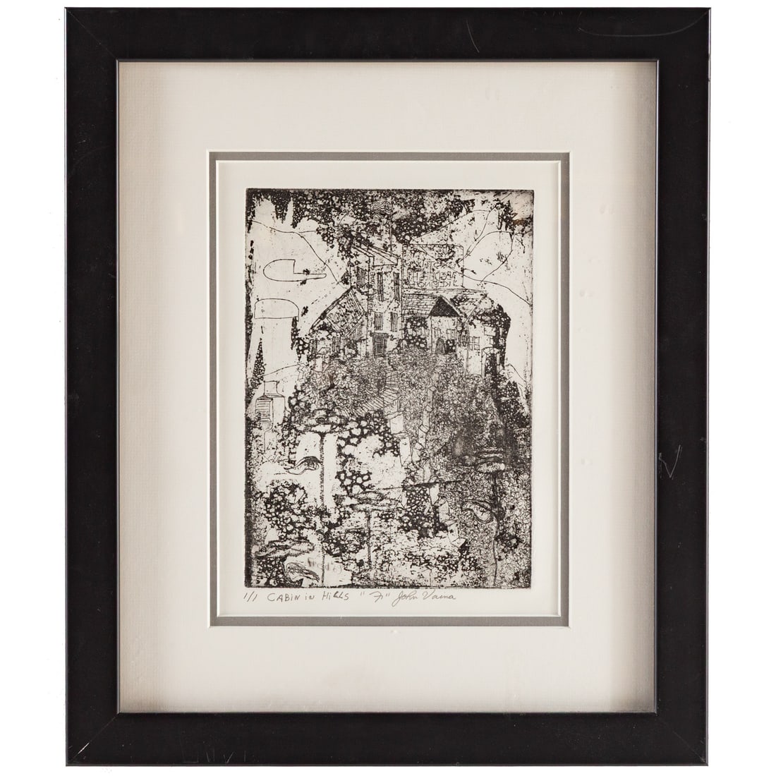 John Vaina. "Cabin in Hills," etching: (20th century) Etching on paper under glass, ed. 1/1, sight size: 9 x 6 1/2 in., framed size: 17 1/4 x 15 in.
