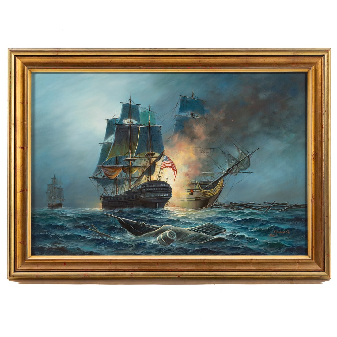 Bob Sanders. Frigate Battle, oil: (American, 20th century) Oil on canvas, signed "Bob Sanders" lr, 24 x 36 in., framed size: 29 3/4 x 41 3/4 in.