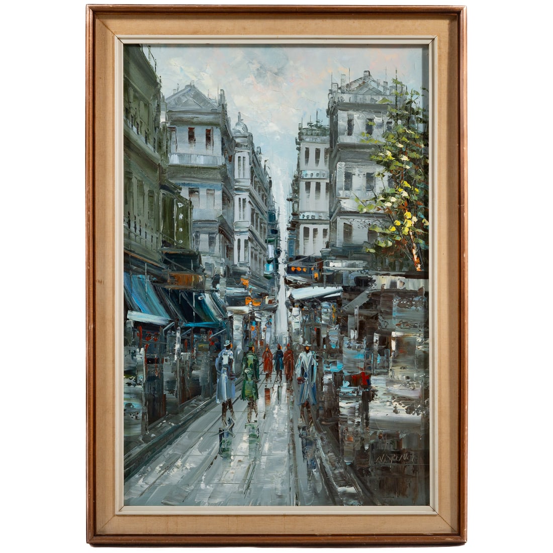 N. Spence. City Street Scene, oil: (20th century) Oil on canvas, signed "N. Spence" lr, canvas size: 36 x 24 in., framed size: 41 1/4 x 29 1/4 in.