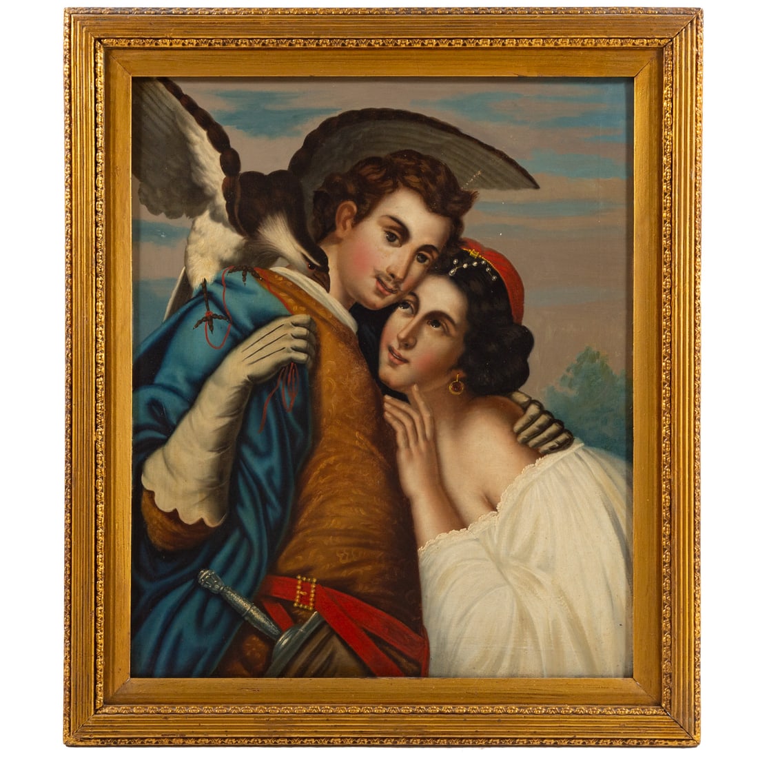 Artist Unknown. Lovers with Falcon, oil: (20th century) Oil on canvas, unsigned, 30 1/4 x 25 1/4 in., framed size: 36 1/2 x 31 3/4 in.