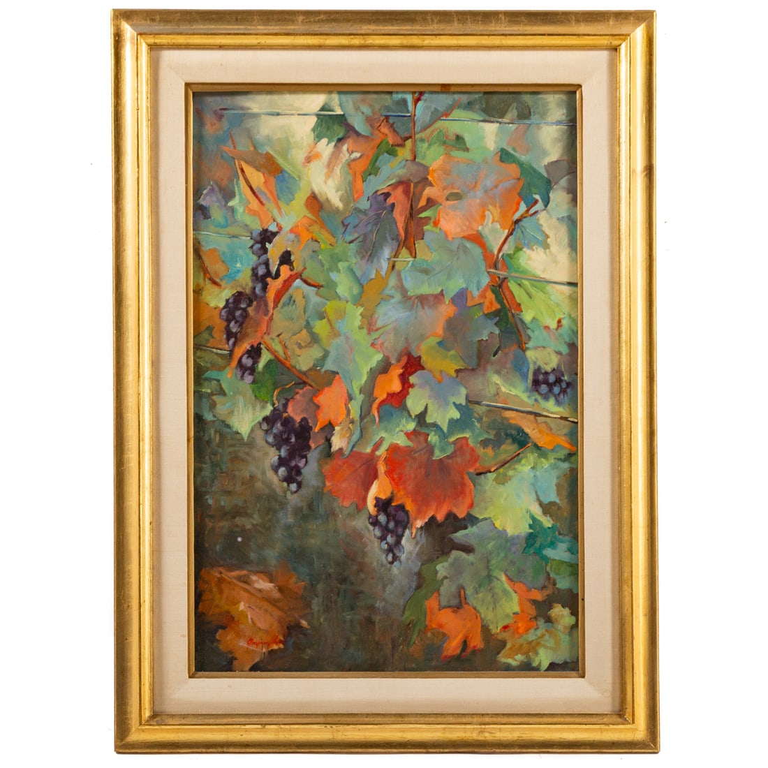 Josephine Hart. Grapes and Leaves, oil: (American, 20th century) Oil on canvas, signed "Josephine Hart" ll, 30 x 20 in., framed size: 37 3/4 x 27 3/4 in.