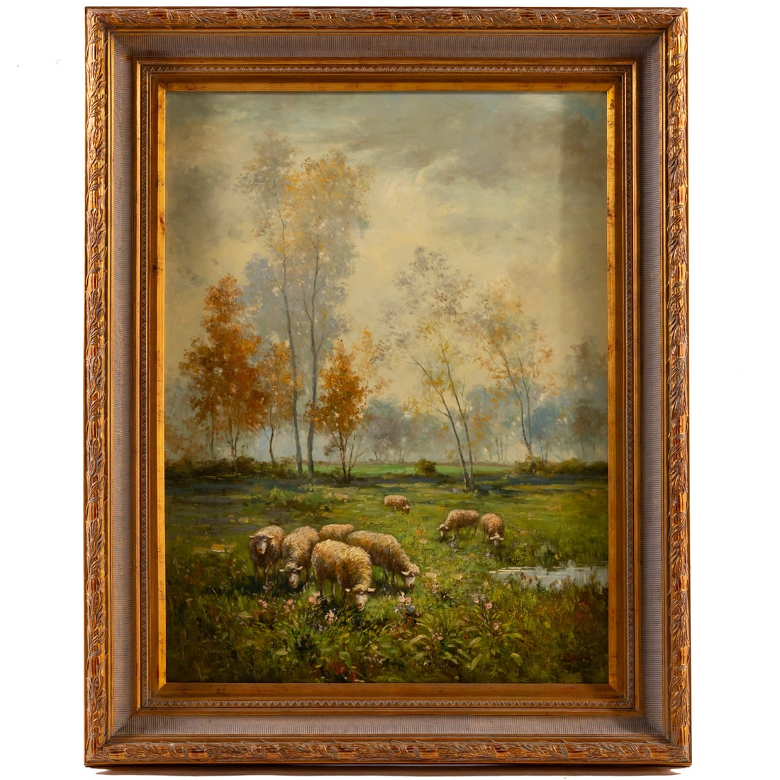 John K. Sheep in a Landscape, oil: (20th century) Oil on canvas, signed "John K." lr, 40 x 30 in., framed size: 50 x 40 in.
