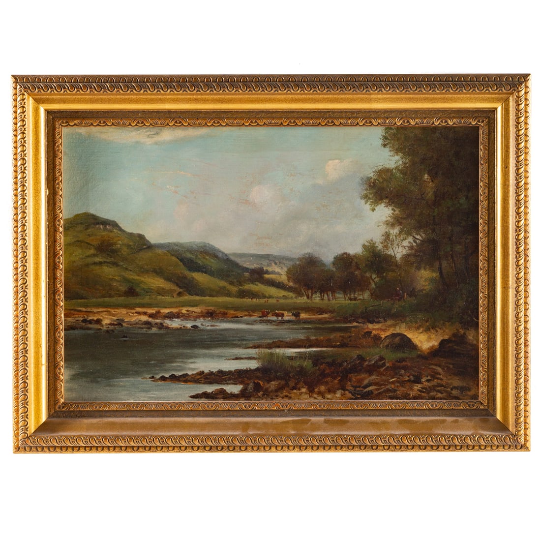 British School. Landscape with Cattle, oil: (Late 19th/early 20th-century) Oil on canvas in a gilt frame, unsigned, "Reeves & Sons London" stamp on verso, sight size: 15 1/2 x 23 1/4 in., framed size: 21 1/4 x 29 1/4 in.