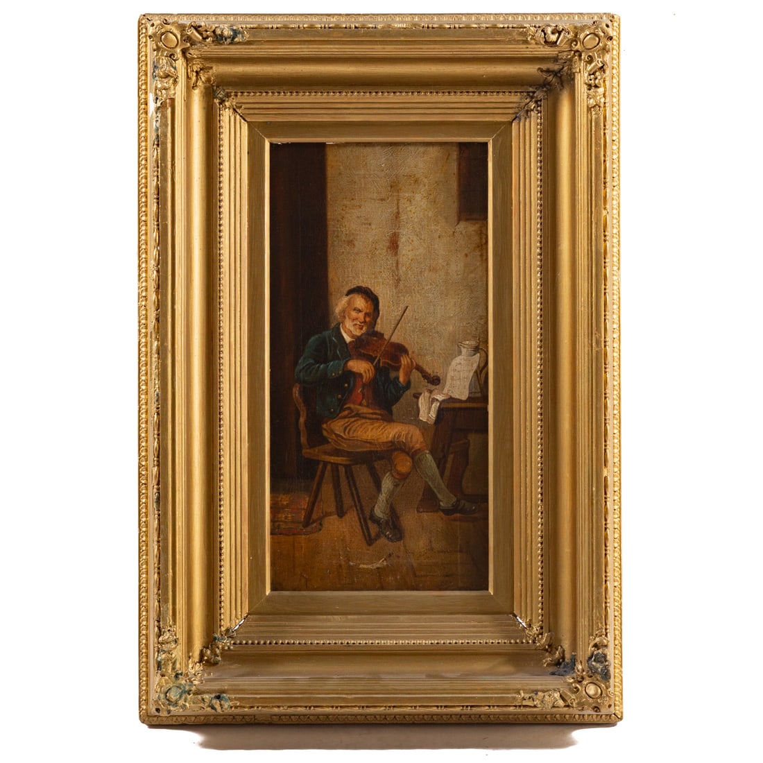 Continental School. The Violinist, oil: (19th century) Oil on board, unsigned, 16 3/4 x 8 1/4 in., framed size: 25 3/4 x 17 1/2 in.