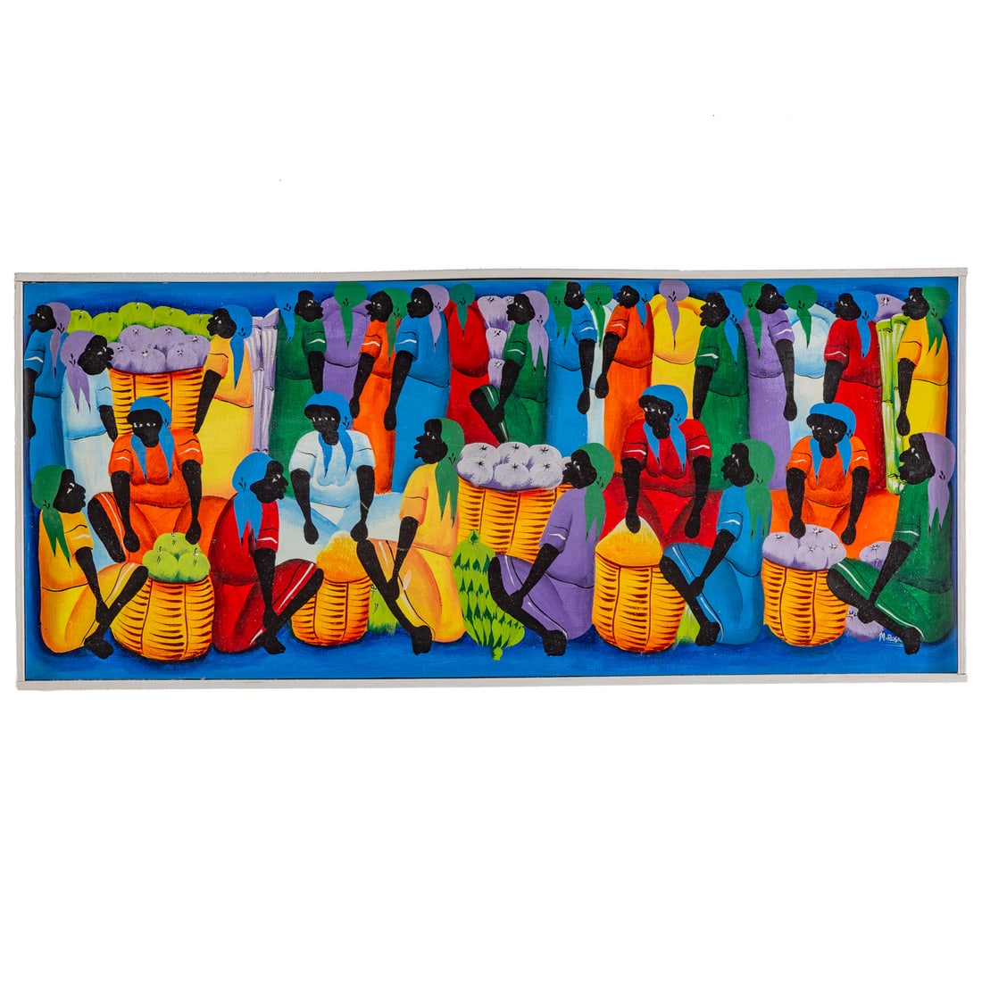 Haitian School. "Market Scene," acrylic: (Mid/late 20th-century) Acrylic on canvas in a white strip frame, signed "M. Rosa" lr, sight size: 11 3/4 x 28 in., framed size: 12 1/2 x 28 1/2 in.