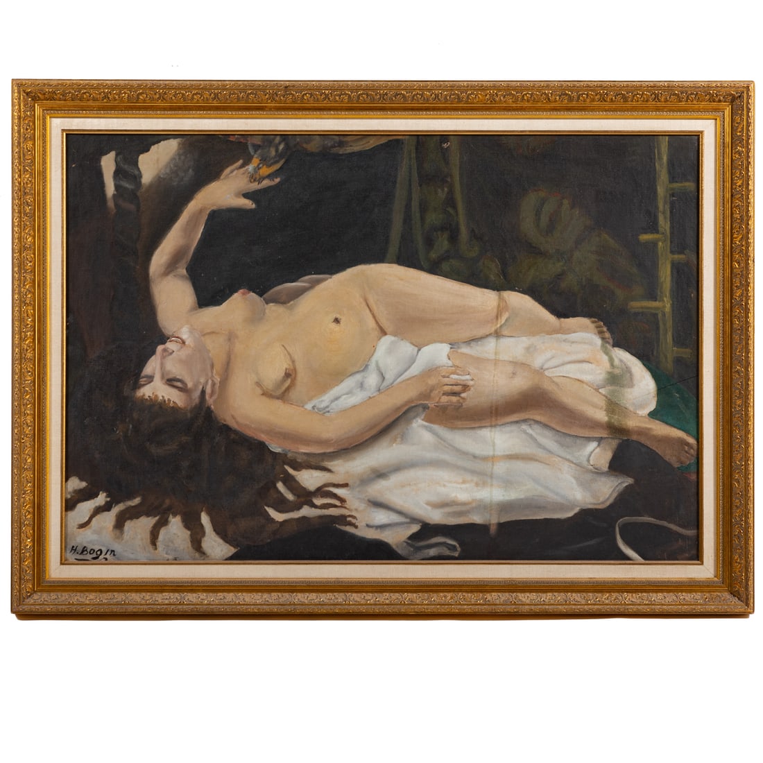 After Courbet. "Woman with a Parrot," oil: (20th century) Oil on canvas, after the original in the Metropolitan Museum of Art, signed "H. Bogin" lr, 25 x 37 in., framed size: 30 1/2 x 42 3/4 in.