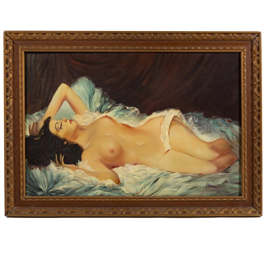 Artist Unknown. Relining Nude, oil: (20th century) Oil on canvas, signed illegibly lr, 24 x 36 in., framed size: 30 1/4 x 42 1/4 in.