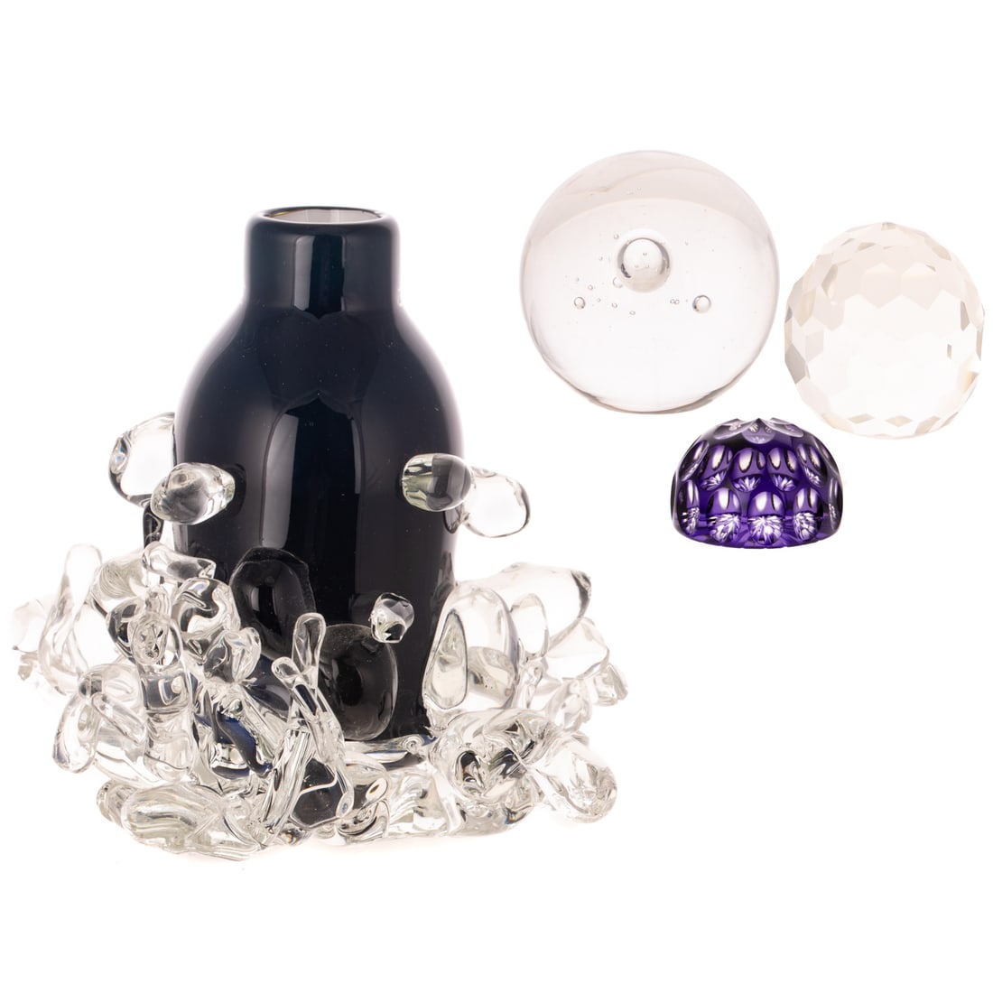 Paperweight Vase & Three Globular Paperweights: Artist vase of blue cased white and colorless glass apparently unmarked, 7 1/2 in.; a Schneider France controlled bubble magnum, a continental blue cased faceted paperweight, and a colorless facetted