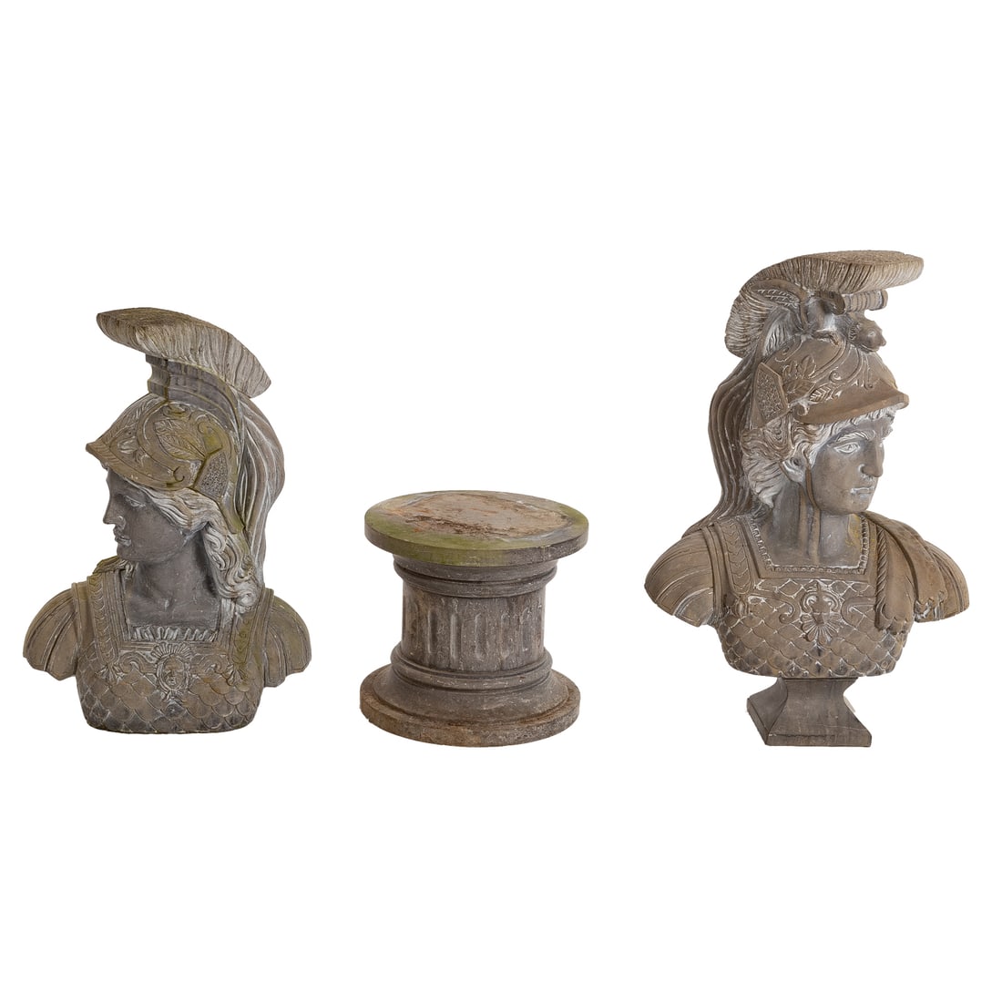 Cast Concrete Busts of Athena & a Roman Warrior: Athena Bust: 32 in. H, 24 in. W, 15 in. D, circular base: 15 3/4 in. H, 17 3/4 in. Diam., Roman Warrior: 38 in. H, 25 in. W, 12 in. D