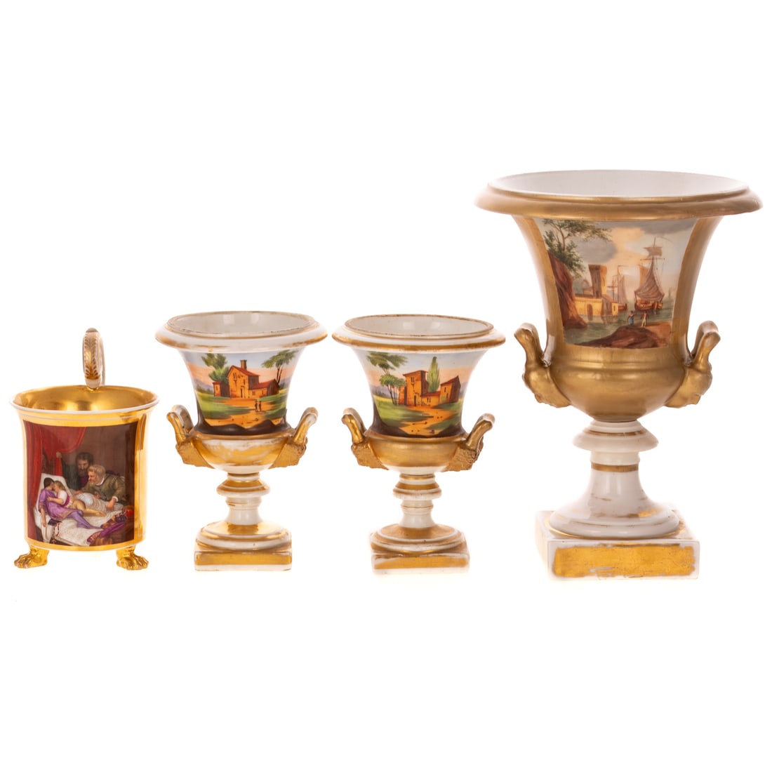 A KPM Cup & Paris Porcelain Gilt & Pictorial Vases: 19th century KPM gilt porcelain cup with scrolling foliate handle, depicting the Murder of the Princes, on three gilt paw feet, underglazed blue mark, 5 1/4 in. H; with a pair of Paris porcelain parce