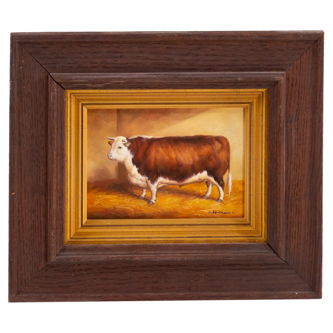 20th Century. Cow in the Hay, oil: (20th century) Oil on panel, signed illegibly lr, sight size: 4 3/4 x 6 3/4 in., framed size: 11 1/4 x 13 1/4 in.