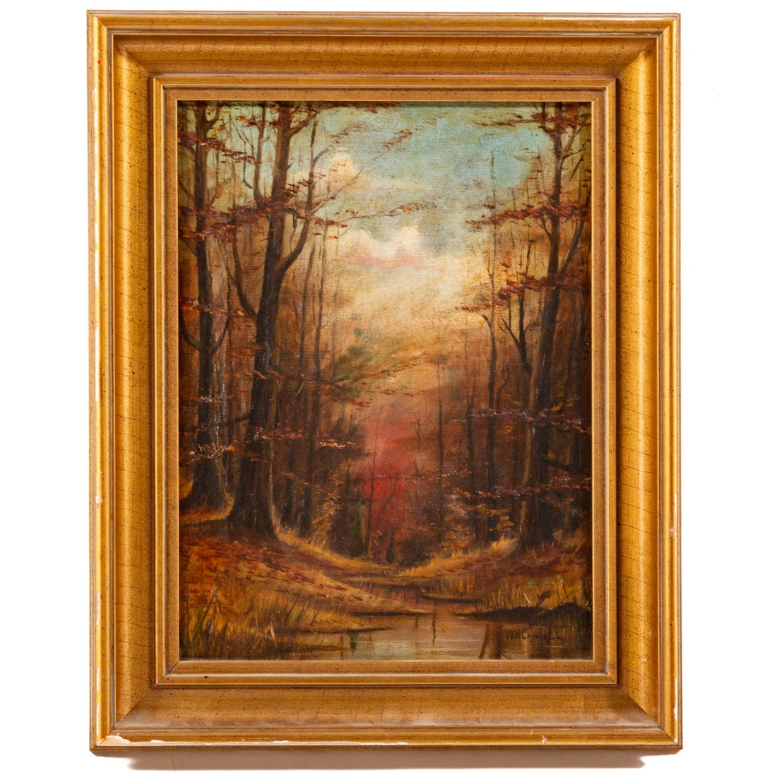 American School. "Woodland Landscape," oil: (20th century) Oil on canvas, signed "W. H. Crowe" lr, sight size: 15 1/4 x 11 1/2 in., framed size: 20 1/4 x 16 1/2 in.