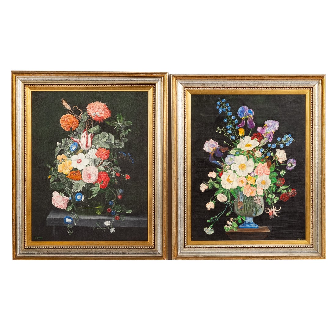 American School. A Pair of Floral Still Lifes, oil: (20th century) One oil on canvas, 1979, initialed "F.L.P." and dated ll; the other oil on board, 1980, initialed "F.L.P" and dated lr; the largest sight size: 13 3/4 x 17 1/2 in., framed size: 22 x