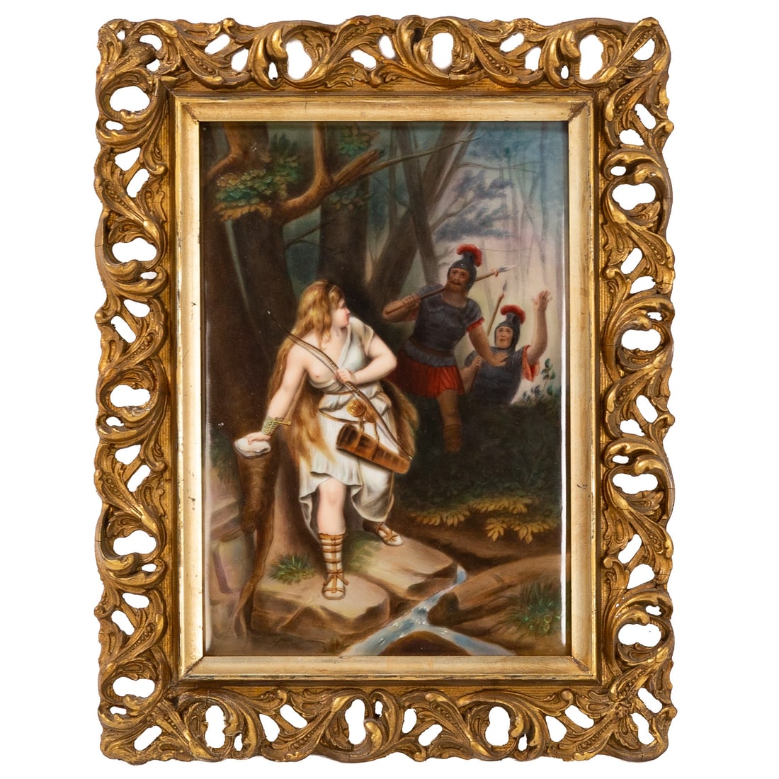 Diana the Huntress Appears to Two Roman Soldiers: Late 19th/early 20th century, continental painted porcelain plaque, sight: 9-3/4 x 7 inches; gilt openwork frame