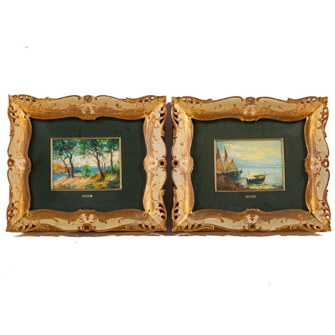 Italian School. Two Seascape Paintings, oil: (Mid-20th century) Each oil on panel, signed "Gerard," with brass nameplates attached to mat and labels attached on verso indicating the works were hand painted in Italy, sight size: 4 1/2 x 6 in.,
