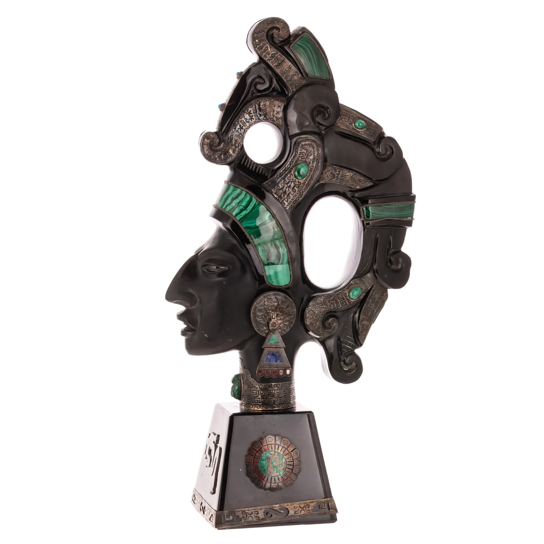Mexican Sterling-Mounted Obsidian Bust of a Mayan: Decorated with malachite, lapis, and enamel, 17 in. H