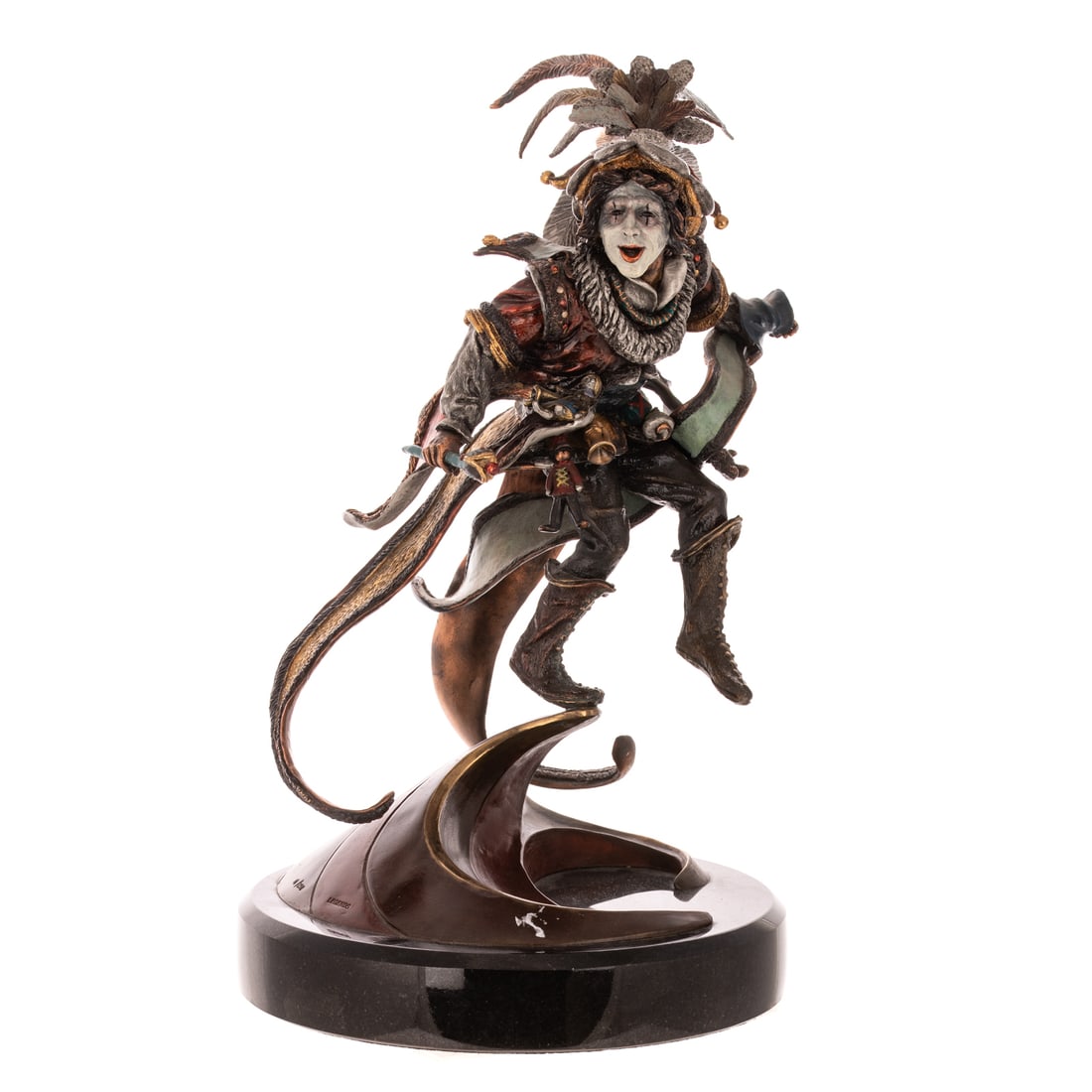Peter Apsit. "Court Jester," bronze: (American, 1937-1999) Cold-painted bronze, signed, dated '97 and numbered 18/250 on base, on a rotating granite base, 16 1/2 in. H overall