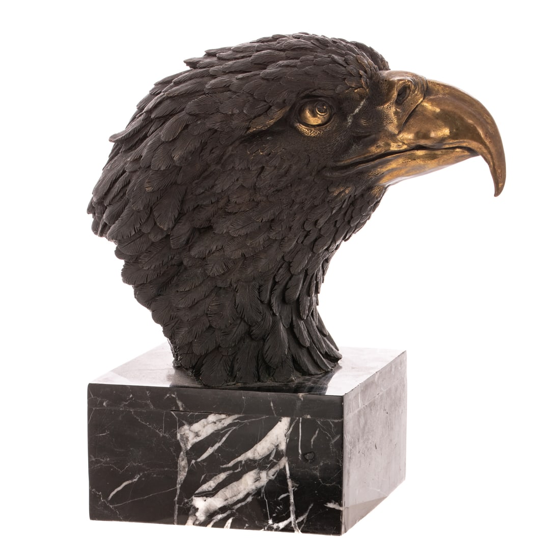 Patinated Metal Sculpture of an Eagle's Head: 20th century, on a marble base, head is 9 in. H, 12 1/2 in. H overall