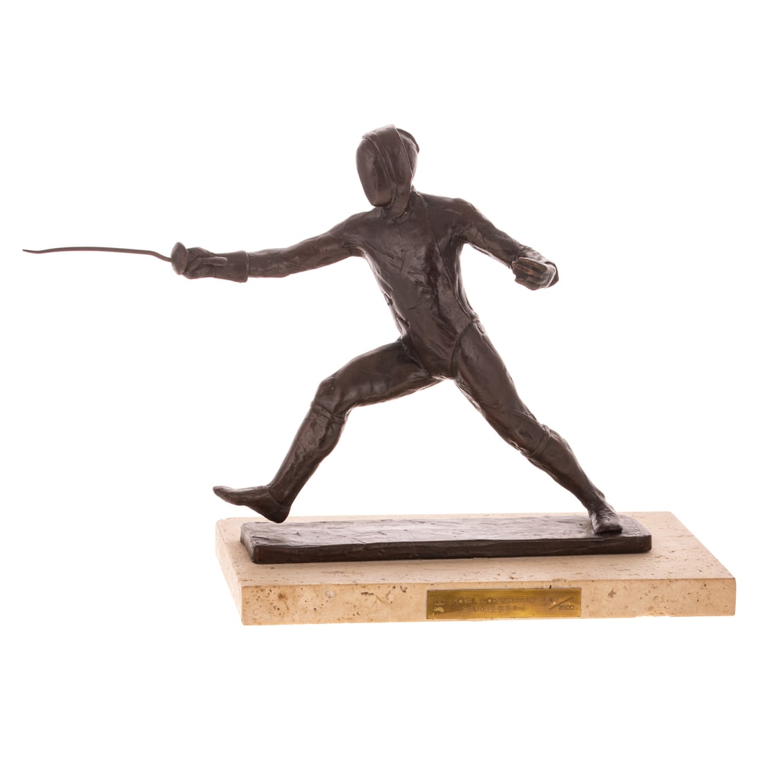 Sterett-Gittings Kelsey. Fencer, bronze: (American, b. 1941), bronze figure, signed and dated '76, the marble base with a plaque for Royal Copenhagen, numbered 18/2500, figure is 8 in. H, approx. 11 1/4 in. W, 8 1/2 in. H overall
