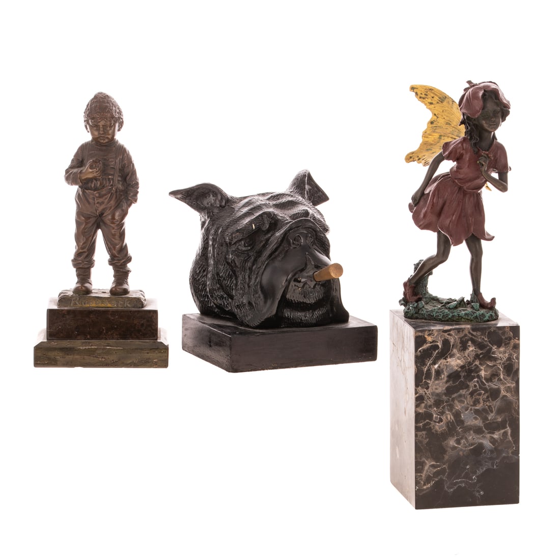Two Bronze & One Patinated Metal Sculptures: Including: a cold-painted bronze sprite, signed "Milo" figure is 7 in. H, 12 in. H overall; a bronze figure of a boy signed "Ruppsack" figure is 6 1/4 in. H, 7 3/4 in. H overall; and a patinated