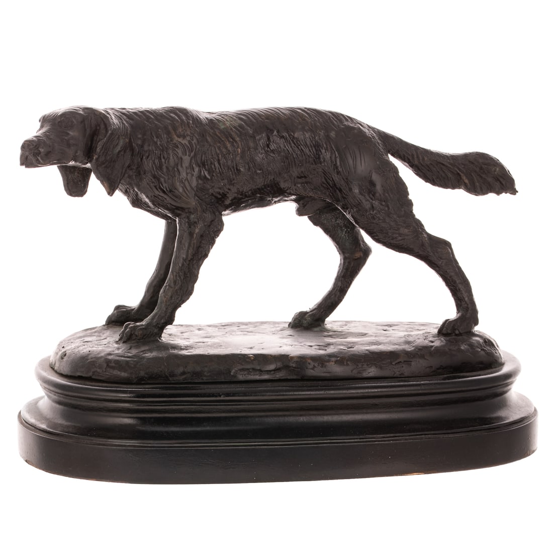 Unknown Artist. English Setter, bronze: 20th century, unsigned, on a black painted wood base, figure: 6 1/4 in. H, 12 1/2 in. W, 5 1/4 in. D, 8 1/4 in. H overall