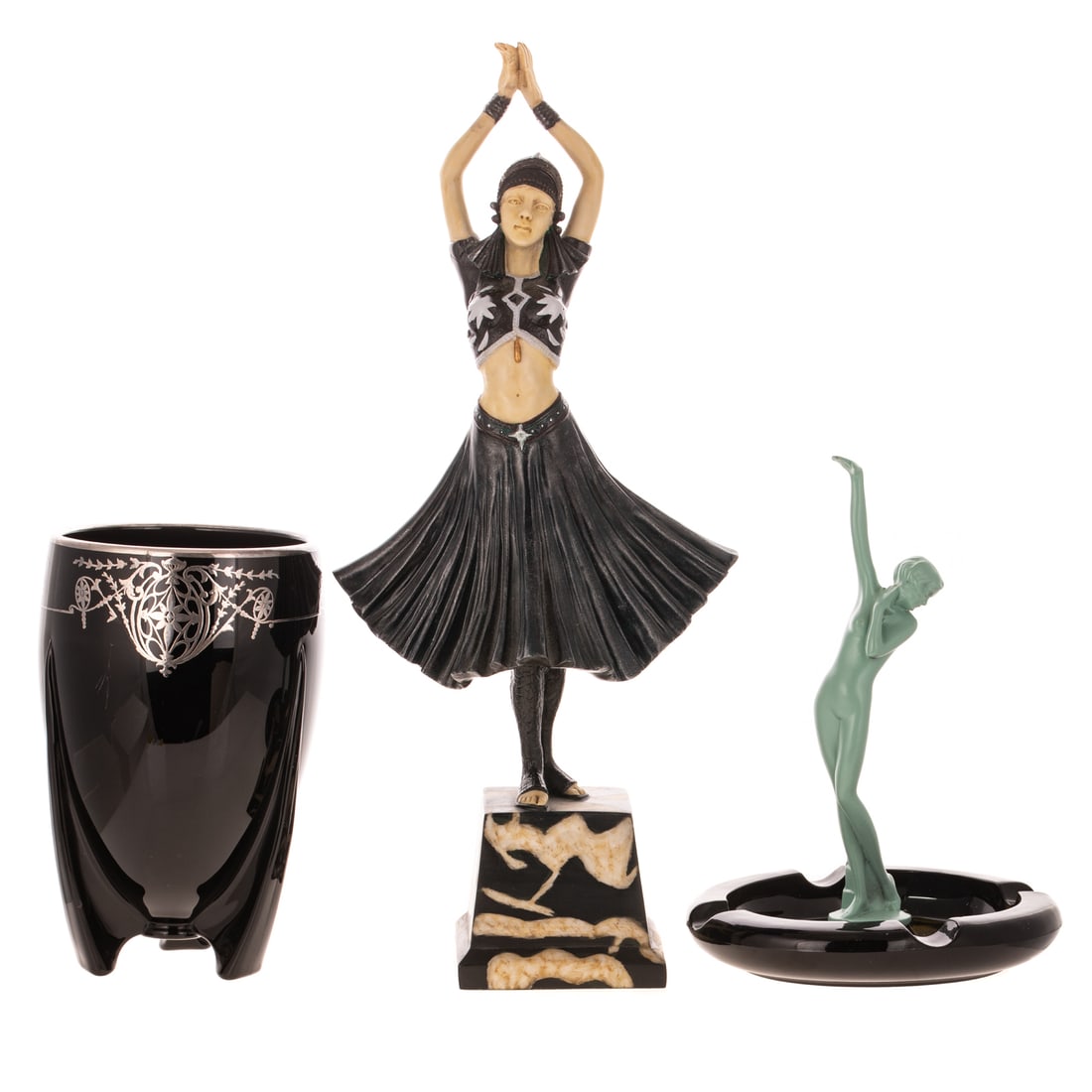 Three Art Deco Style Objects: Including: a Chiparus-style composite dancer, 19 3/4 in. H; a black glass ashtray with painted nude dancer, 11 in. H; and a sterling overlay black glass vase, 9 1/8 in. H