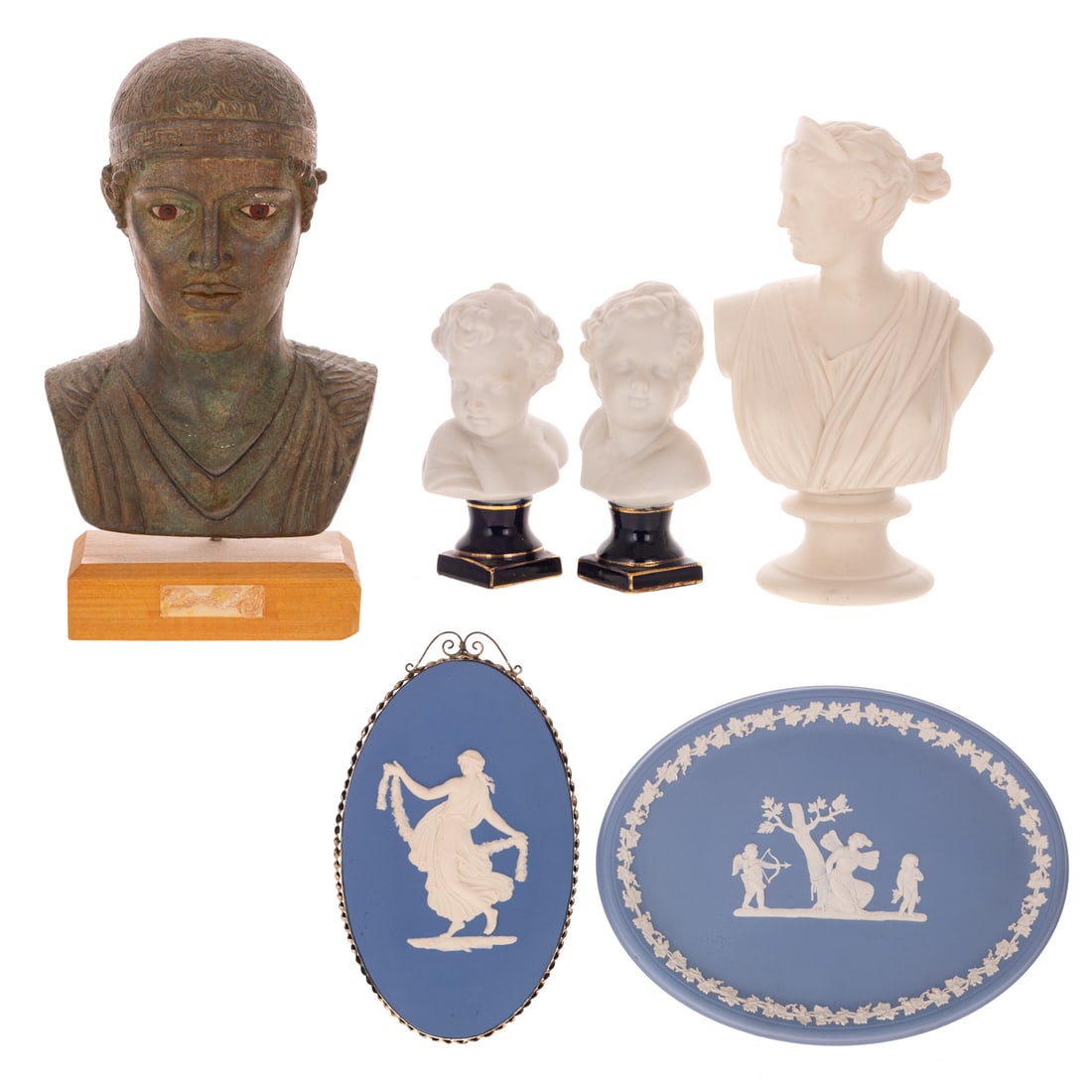 Collection of Classical Themed Objects: Including: painted plaster bust depicting the Charioteer of Delphi, 10 1/2 in. H overall; bisque porcelain bust of Venus, 8 1/2 in. H; a pair of small bisque porcelain busts, 5 1/2 in. H; Wedgwood
