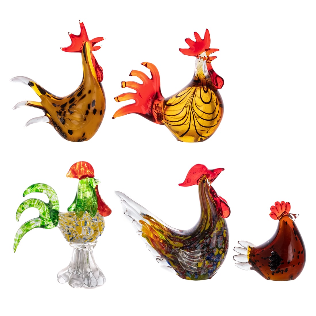 Five Art Glass Chickens & Roosters: 20th century, 5 1/2 in. to 9 1/4 in. H